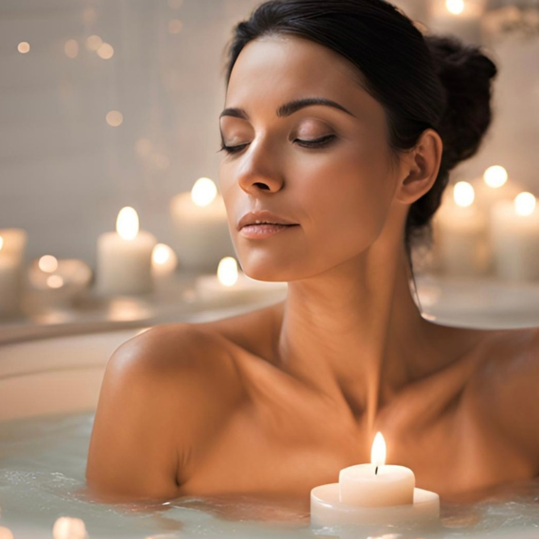 Woman soaking in tub with candles