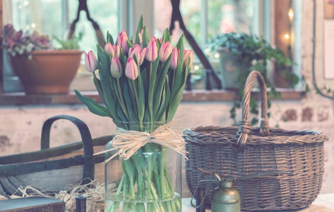 pink tulips on clear glass vase outdoor during daytime