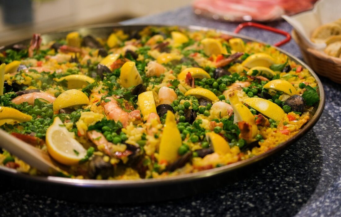 spanish paella, dish, seafood