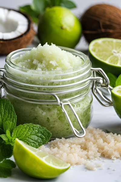 Homemade body scrub coconut lime mint