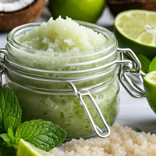 Homemade body scrub coconut lime mint