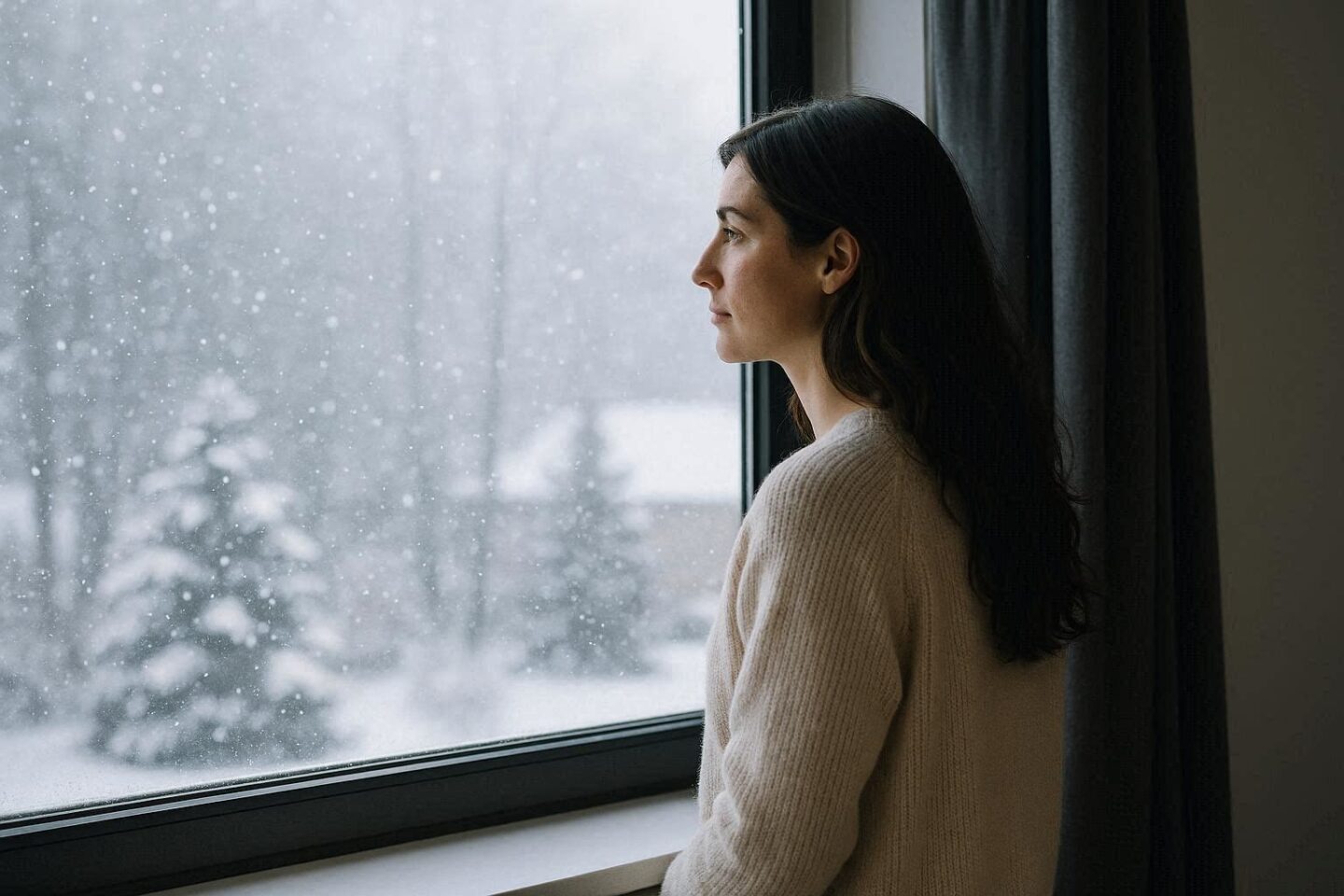 women looking out window at snow