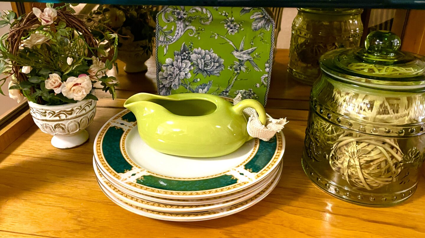 dishes in glass cabineet