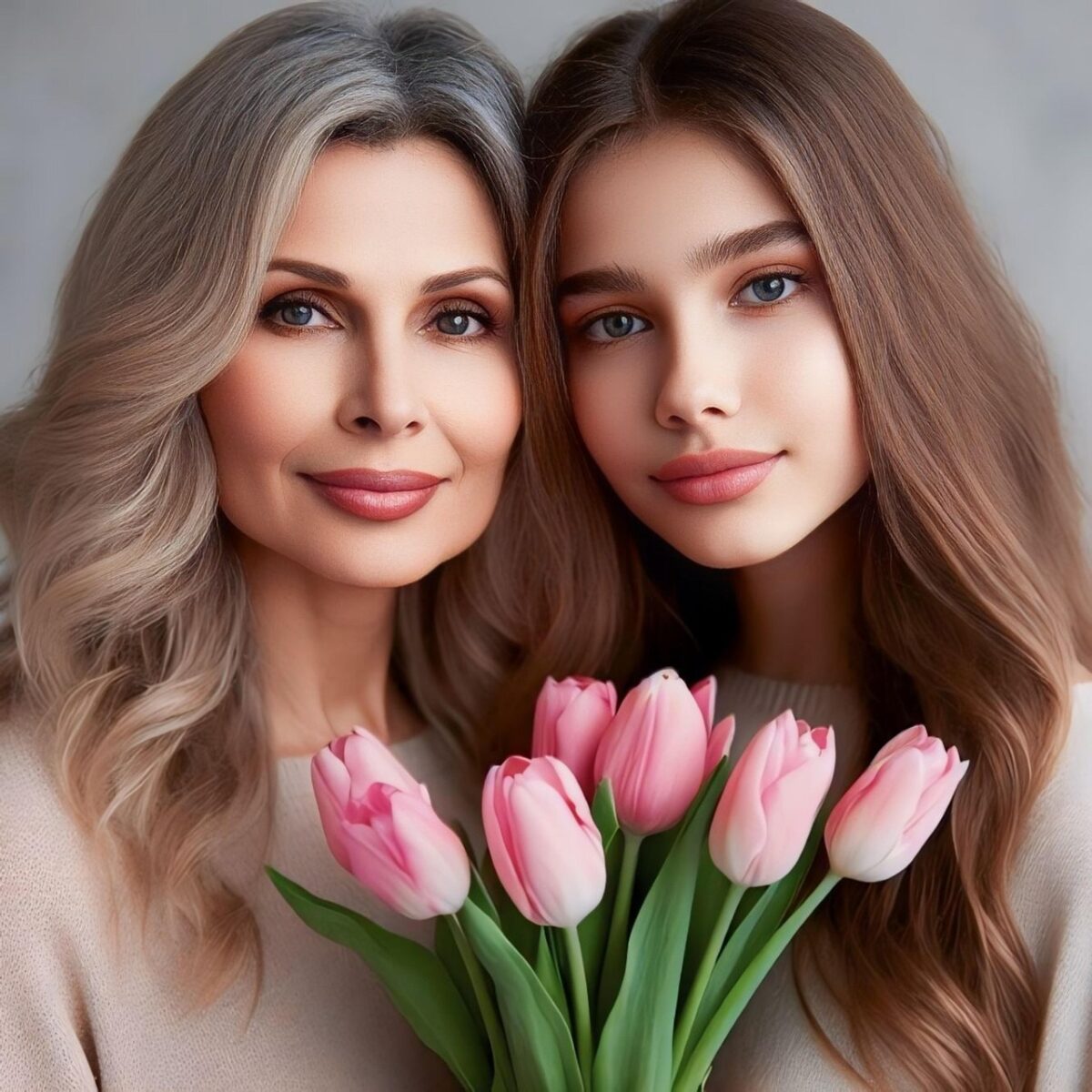 ai generated, mother and daughter, family, mother, daughter, happiness, portrait, happy mothers day, flowers, nature, tulips