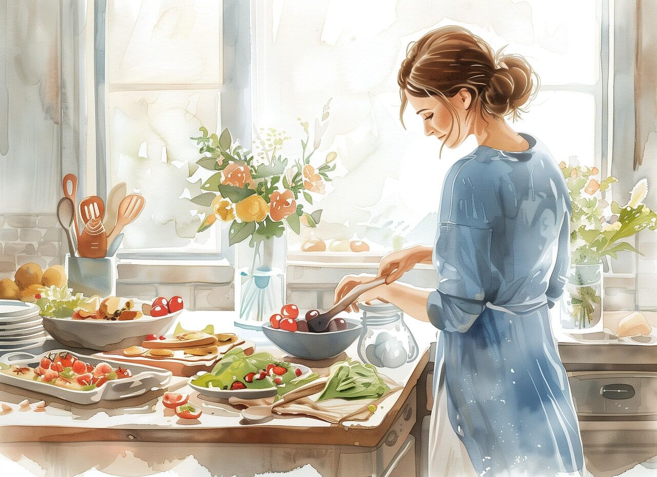 kitchen, watercolor style, flowers, bright, sunlight, apron, pots and pans, food preparation, cozy, homey, nature, artistic, detailed, peaceful, domestic, vegetables, woman, cooking, ai generated